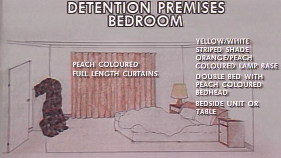 An artist's rendition of the bedroom in the detention premises where Sharon Wills and Nicola Lynas were held by their abductor. Released to media 27 January 1993.